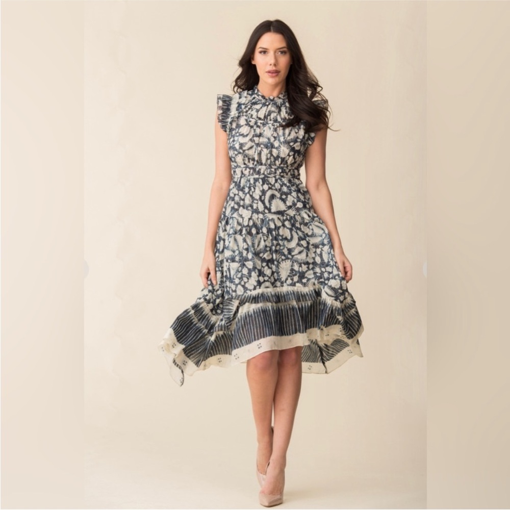 Ulla Johnson‎ Amalia Dress Indigo Batik Print High Low Midi Dress Ruffle Size 10 - Picture 2 of 16